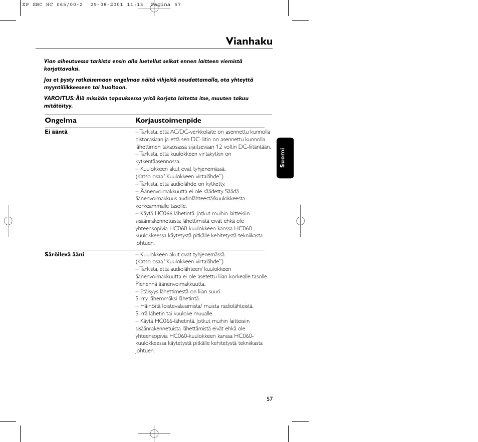 Vianhaku | Philips HC065 User Manual | Page 57 / 85
