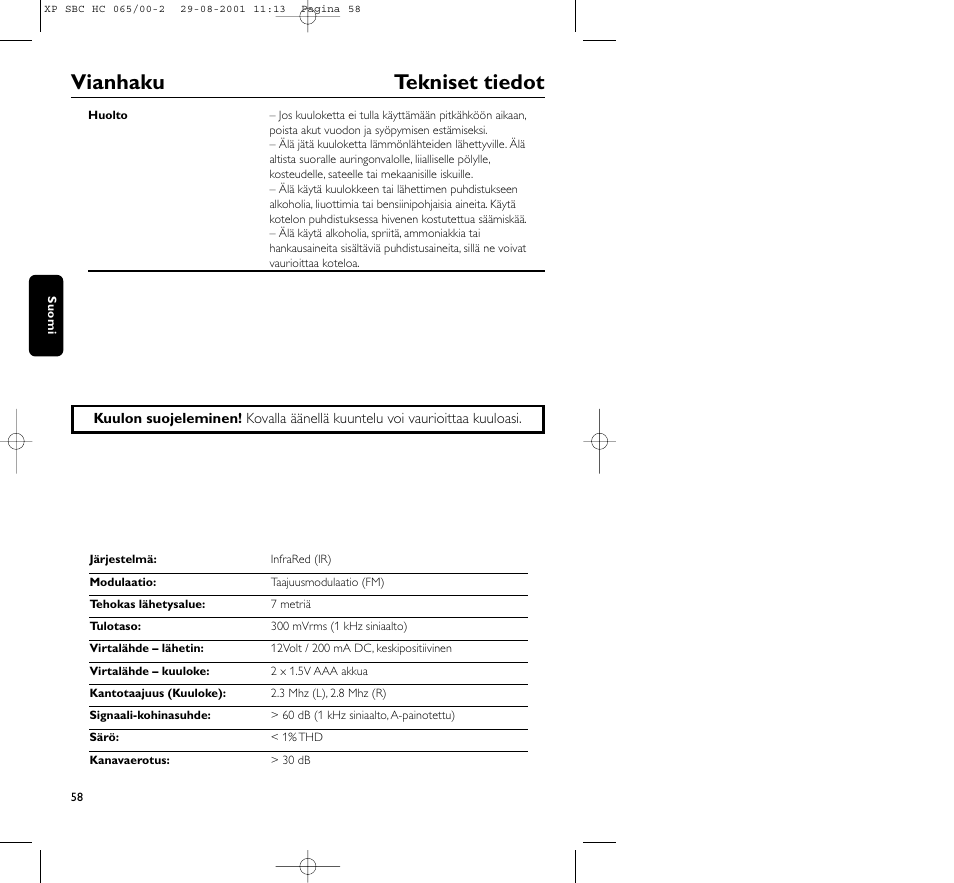 Vianhaku tekniset tiedot | Philips HC065 User Manual | Page 58 / 85