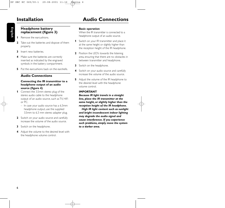 Installation audio connections | Philips HC065 User Manual | Page 6 / 85