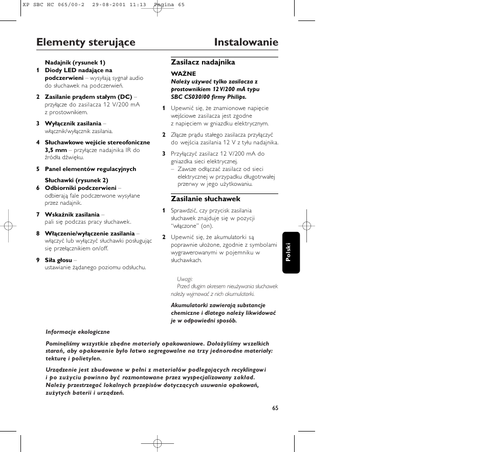 Elementy sterujące instalowanie | Philips HC065 User Manual | Page 65 / 85