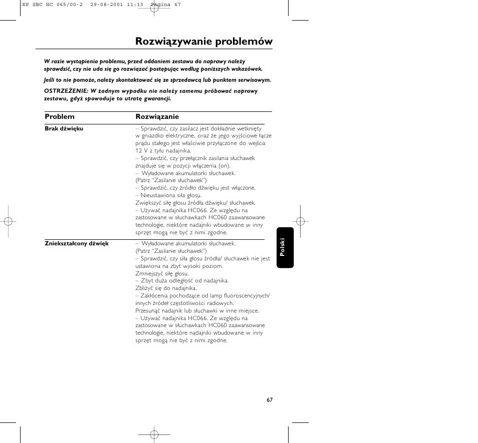 Rozwiązywanie problemów | Philips HC065 User Manual | Page 67 / 85