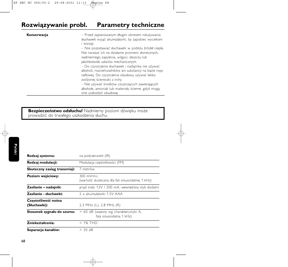 Rozwiązywanie probl. parametry techniczne | Philips HC065 User Manual | Page 68 / 85