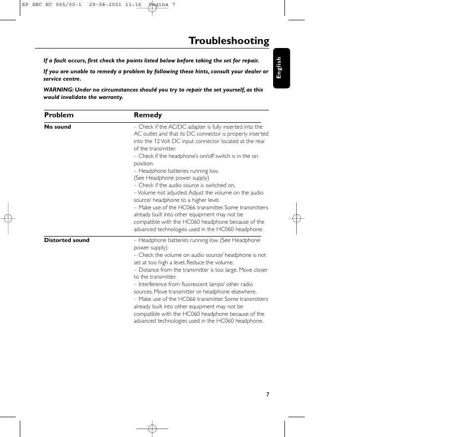 Troubleshooting | Philips HC065 User Manual | Page 7 / 85
