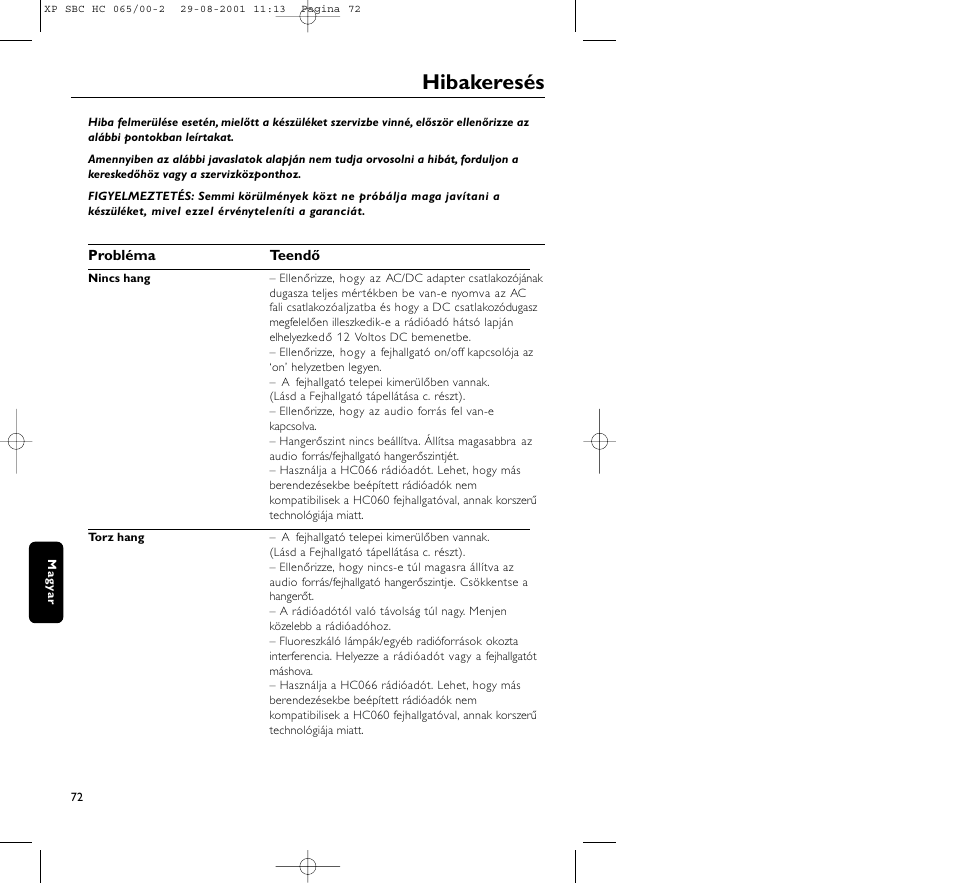 Hibakeresés | Philips HC065 User Manual | Page 72 / 85