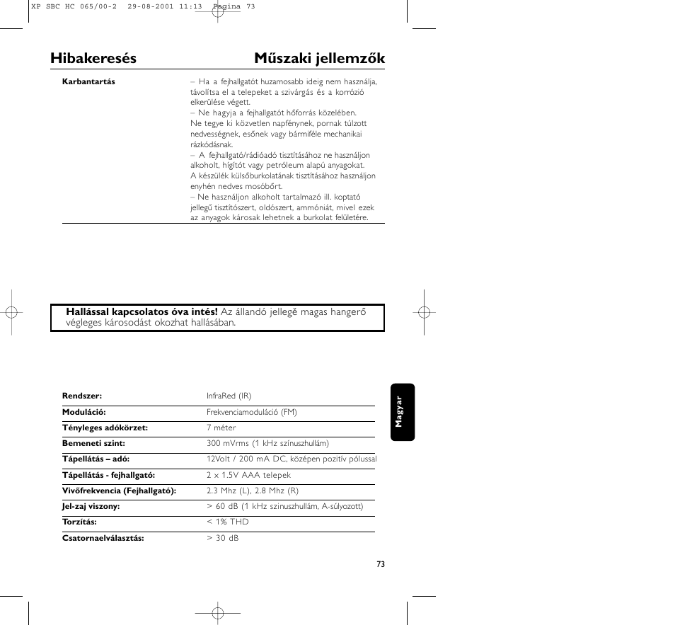 Hibakeresés műszaki jellemzők | Philips HC065 User Manual | Page 73 / 85