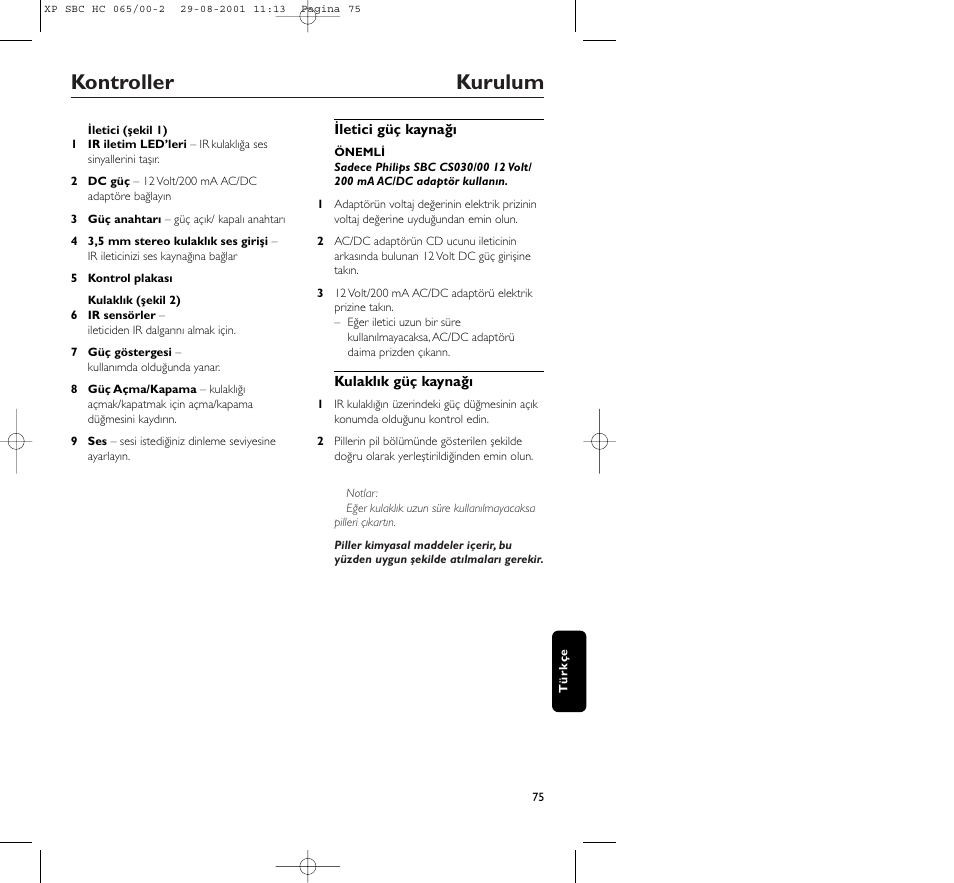 Kontroller kurulum | Philips HC065 User Manual | Page 75 / 85