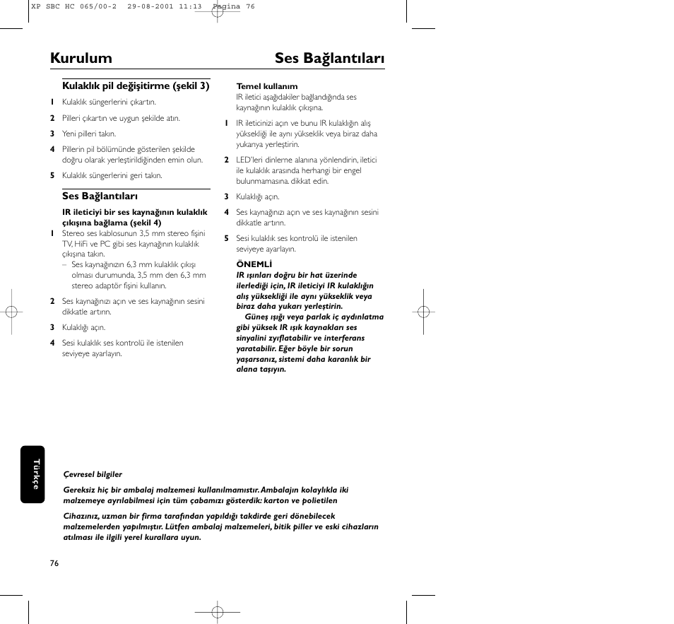 Kurulum ses bağlantıları | Philips HC065 User Manual | Page 76 / 85