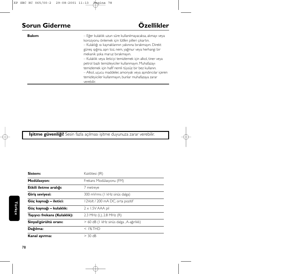 Sorun giderme özellikler | Philips HC065 User Manual | Page 78 / 85
