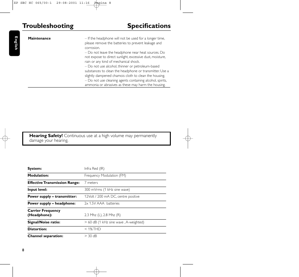 Troubleshooting specifications | Philips HC065 User Manual | Page 8 / 85