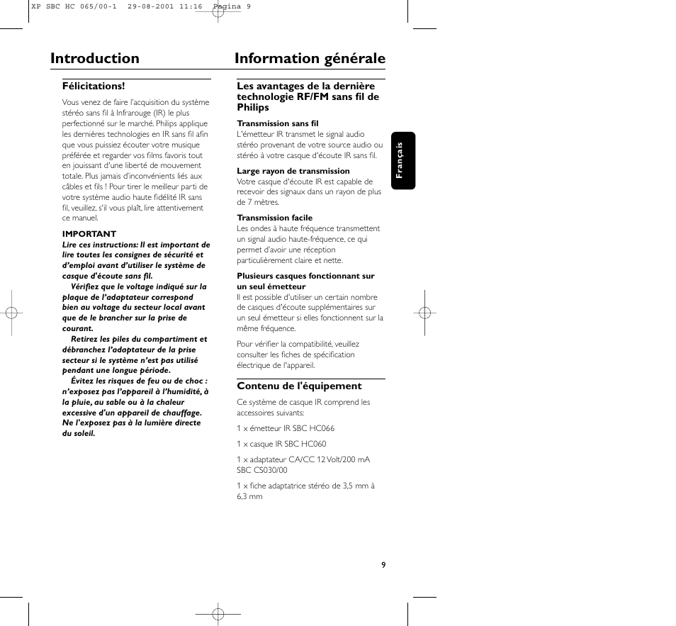 Introduction information générale | Philips HC065 User Manual | Page 9 / 85