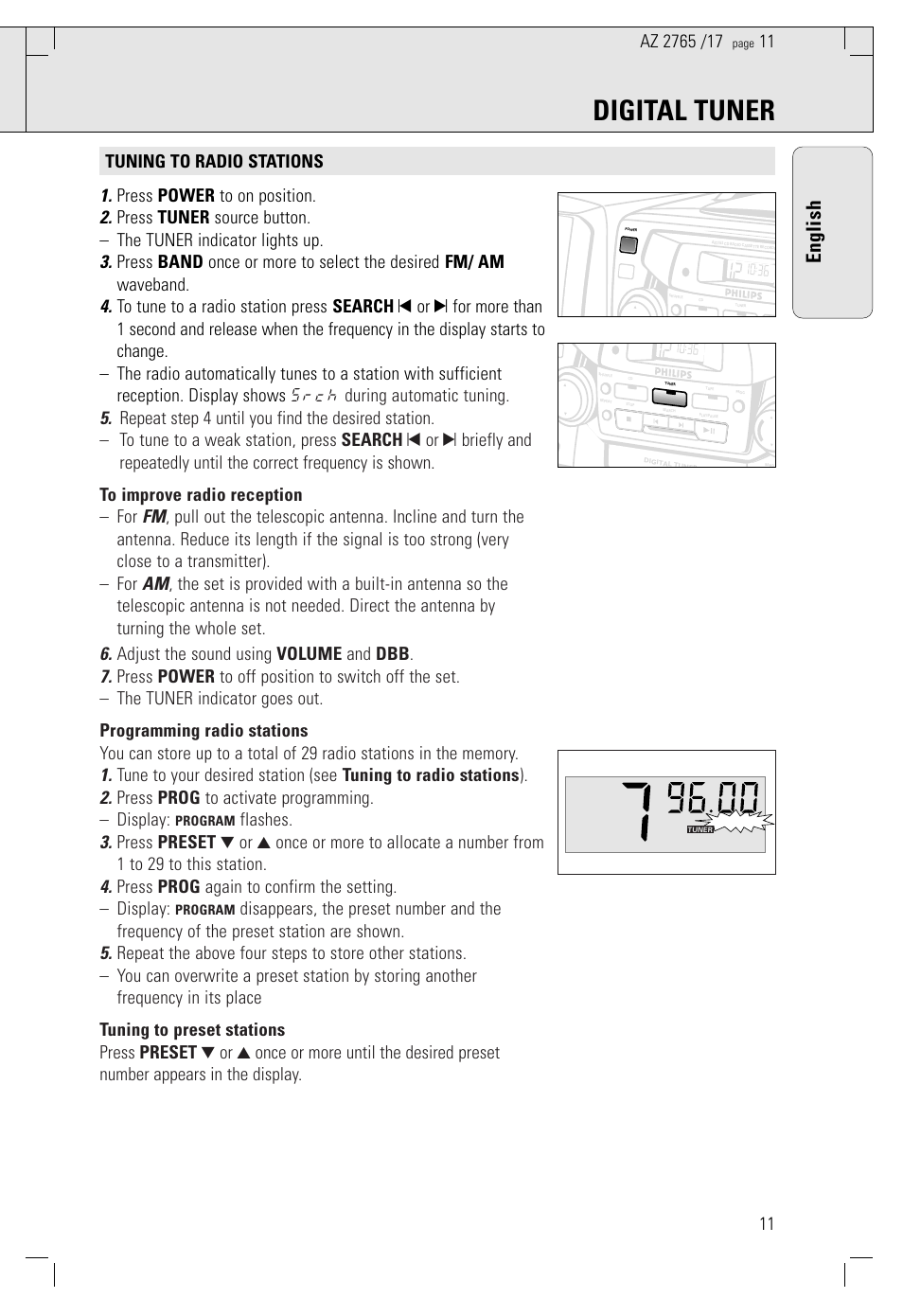 Digital tuner, English | Philips AZ 1560/17 User Manual | Page 11 / 47