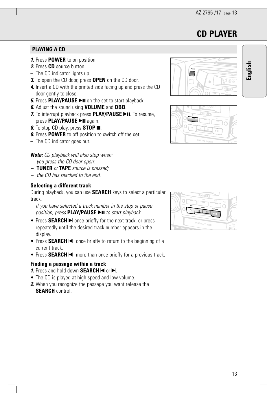 Cd player, English | Philips AZ 1560/17 User Manual | Page 13 / 47