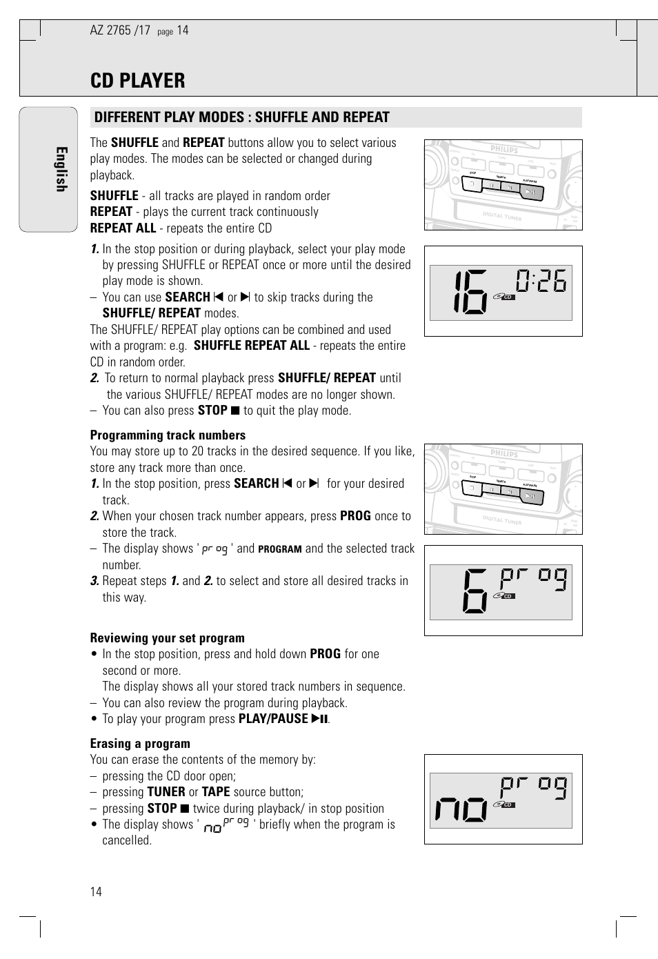 Cd player, English, Different play modes : shuffle and repeat | Philips AZ 1560/17 User Manual | Page 14 / 47