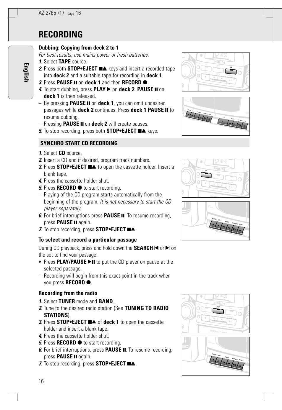 Recording, English | Philips AZ 1560/17 User Manual | Page 16 / 47