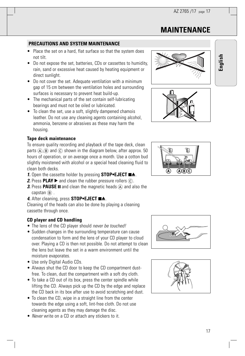 Maintenance | Philips AZ 1560/17 User Manual | Page 17 / 47