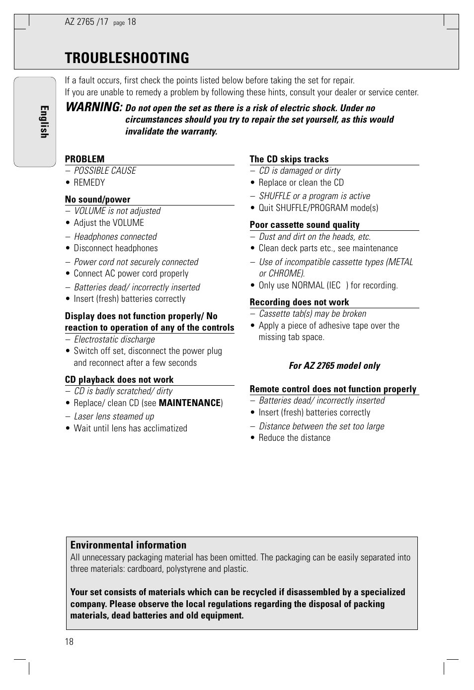 Troubleshooting, Warning | Philips AZ 1560/17 User Manual | Page 18 / 47