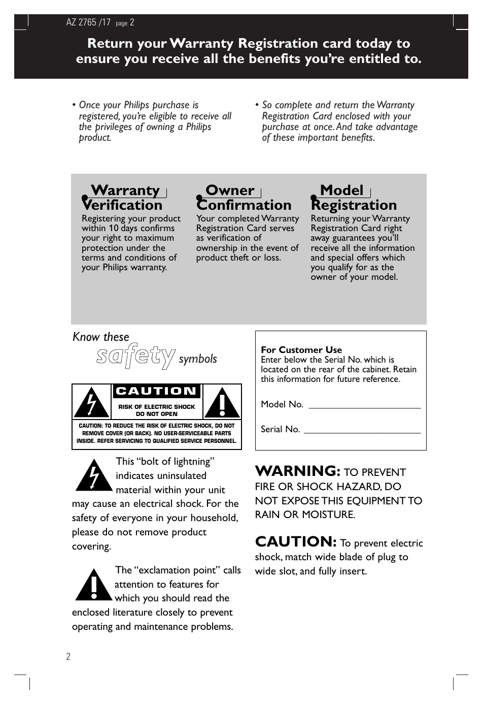 Ssa affe etty y, Warranty verification, Owner confirmation | Model registration, Warning, Caution | Philips AZ 1560/17 User Manual | Page 2 / 47