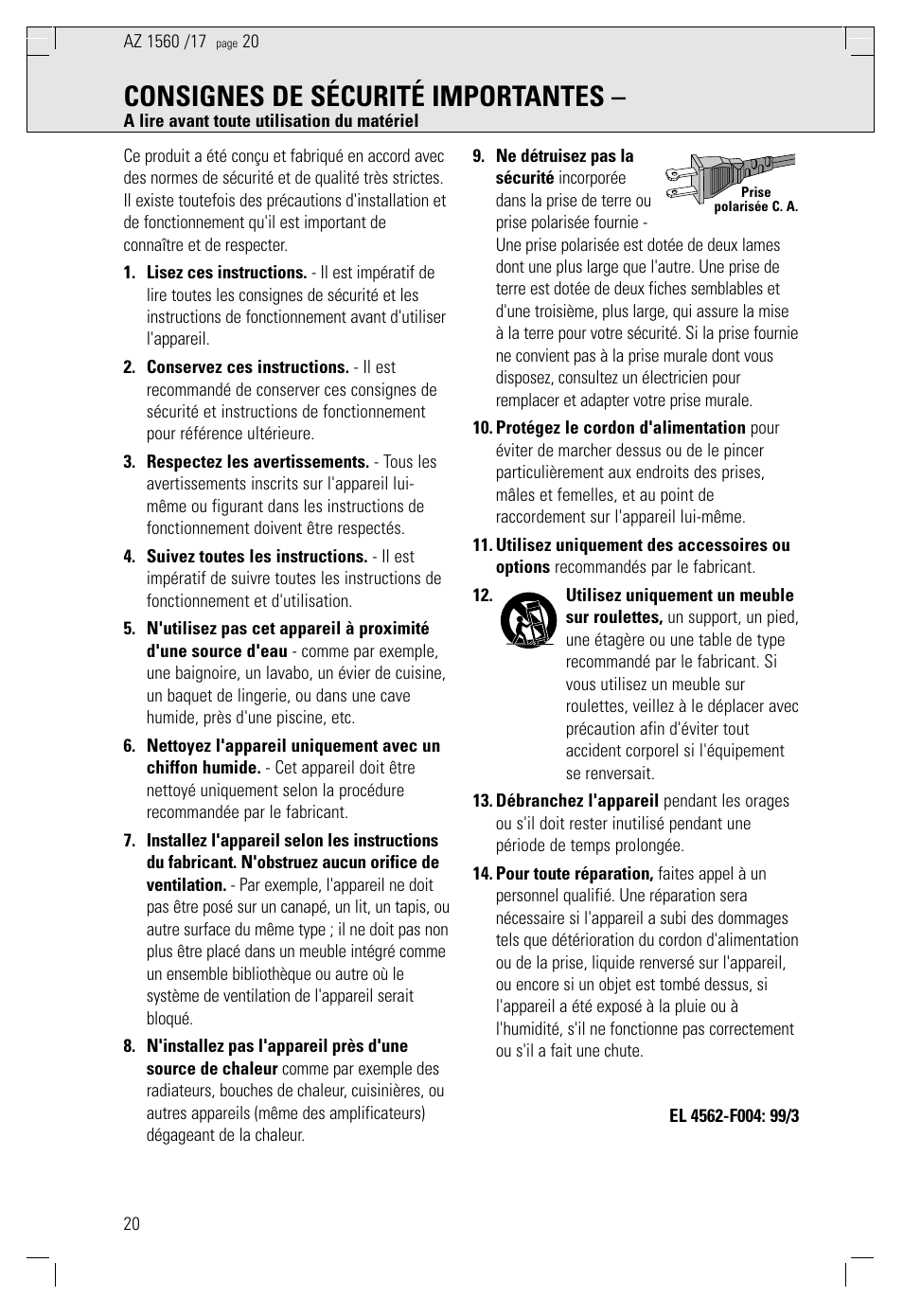 Consignes de sécurité importantes | Philips AZ 1560/17 User Manual | Page 20 / 47