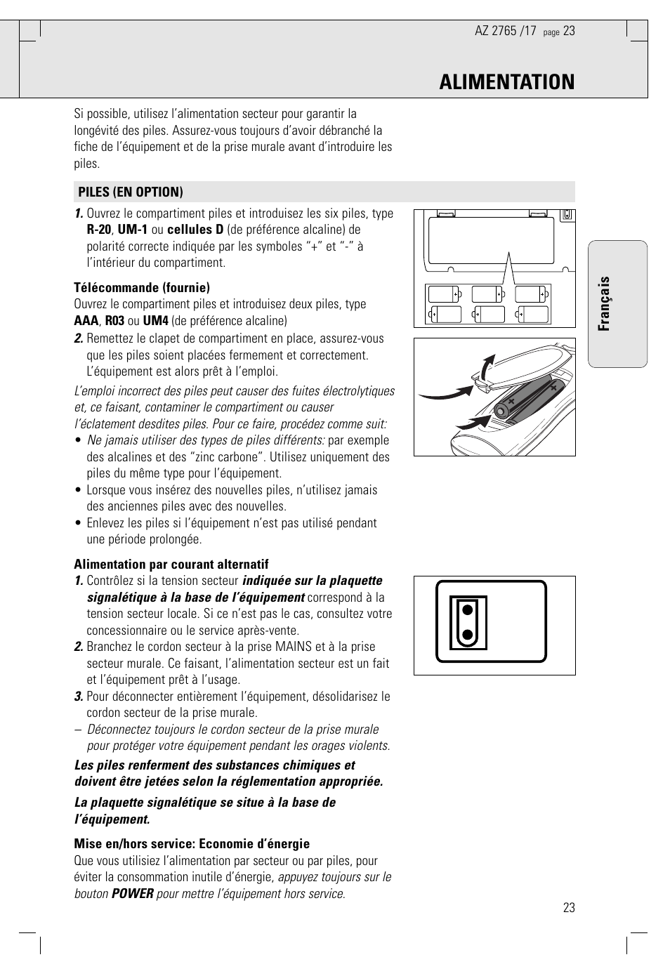 Alimentation, Français | Philips AZ 1560/17 User Manual | Page 23 / 47