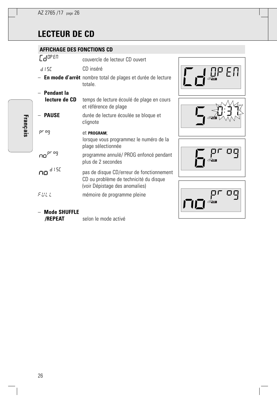 Lecteur de cd, Français | Philips AZ 1560/17 User Manual | Page 26 / 47