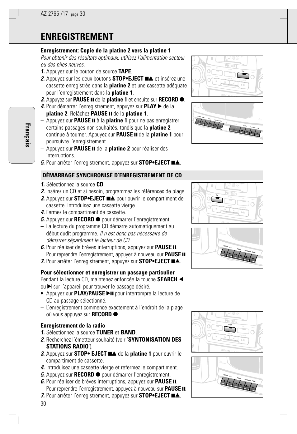 Enregistrement, Français | Philips AZ 1560/17 User Manual | Page 30 / 47