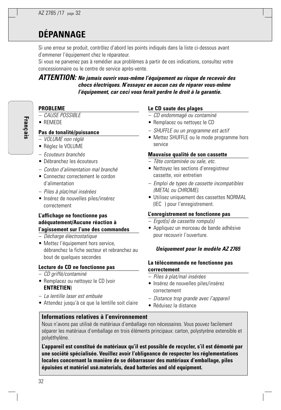 Dépannage, Attention | Philips AZ 1560/17 User Manual | Page 32 / 47