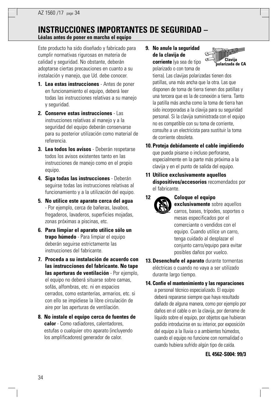 Instrucciones importantes de seguridad | Philips AZ 1560/17 User Manual | Page 34 / 47