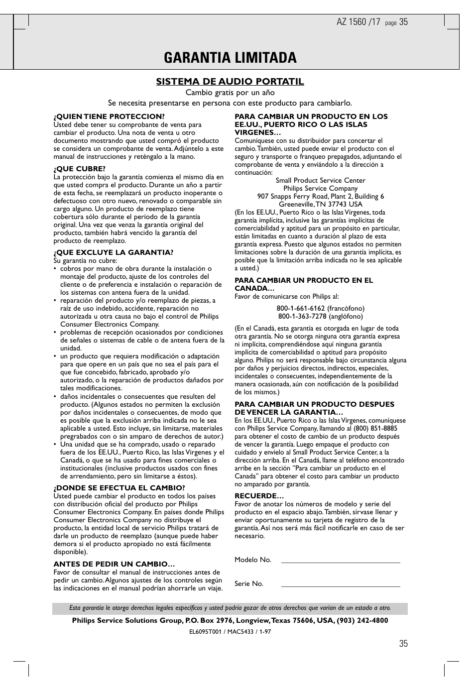 Garantia limitada, Sistema de audio portatil | Philips AZ 1560/17 User Manual | Page 35 / 47