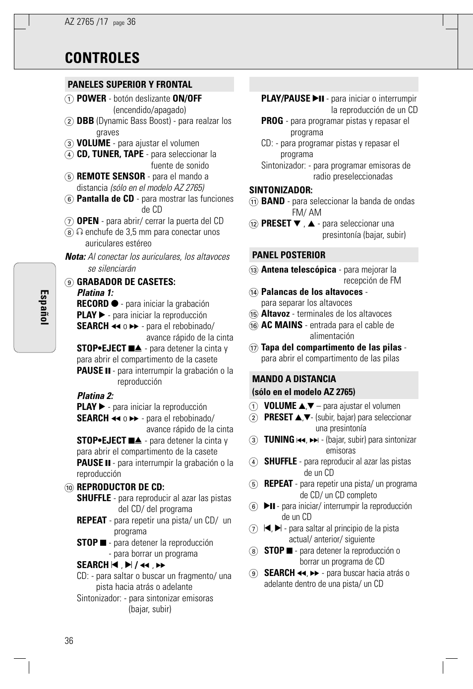 Controles | Philips AZ 1560/17 User Manual | Page 36 / 47