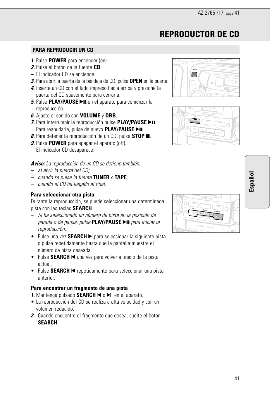 Reproductor de cd, Español | Philips AZ 1560/17 User Manual | Page 41 / 47