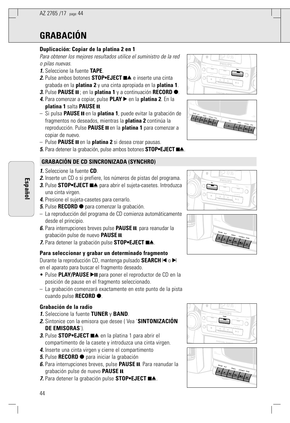 Grabación, Español | Philips AZ 1560/17 User Manual | Page 44 / 47