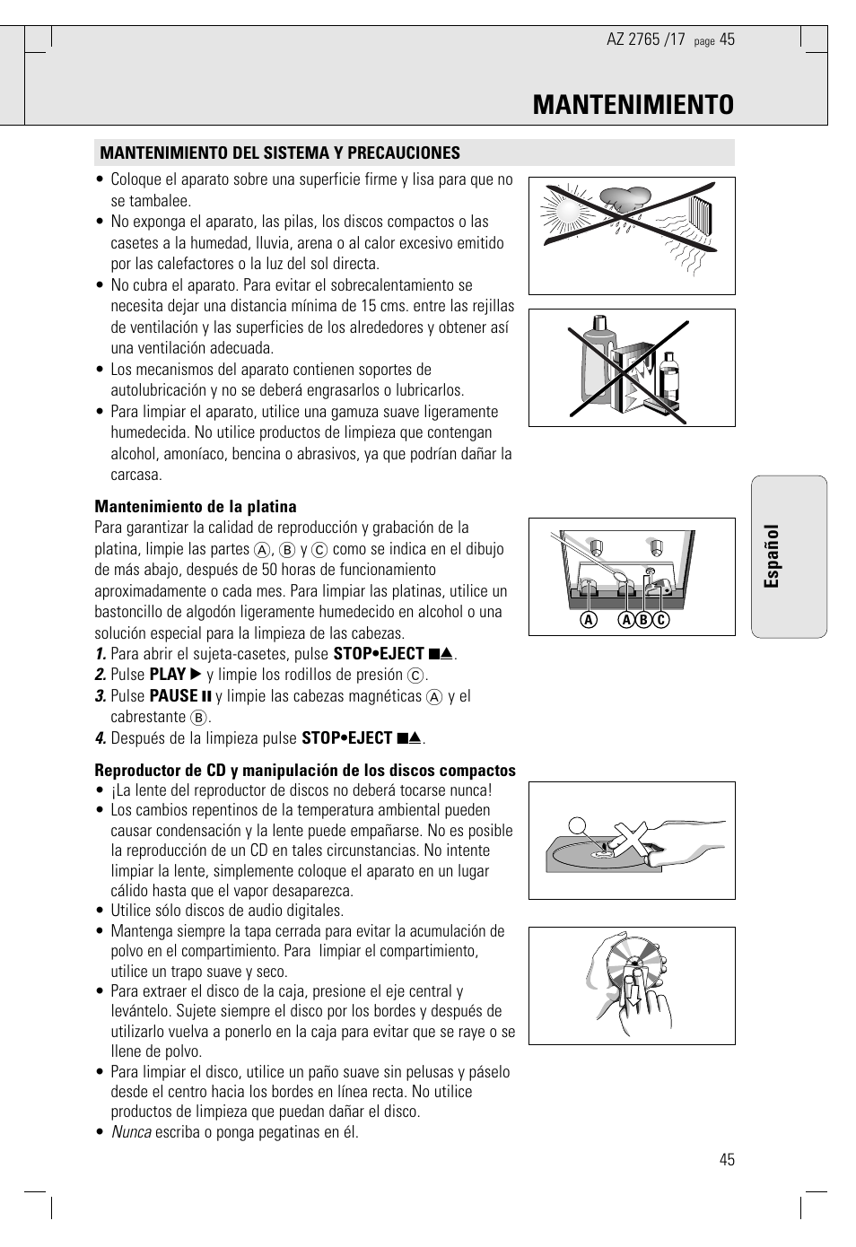 Mantenimiento | Philips AZ 1560/17 User Manual | Page 45 / 47