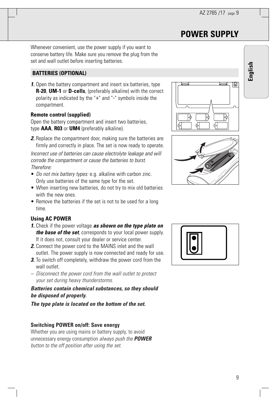 Power supply | Philips AZ 1560/17 User Manual | Page 9 / 47