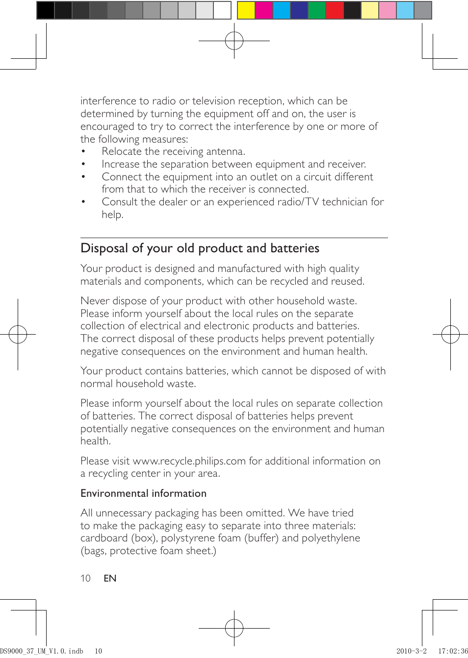 Disposal of your old product and batteries | Philips DS9000 User Manual | Page 10 / 23