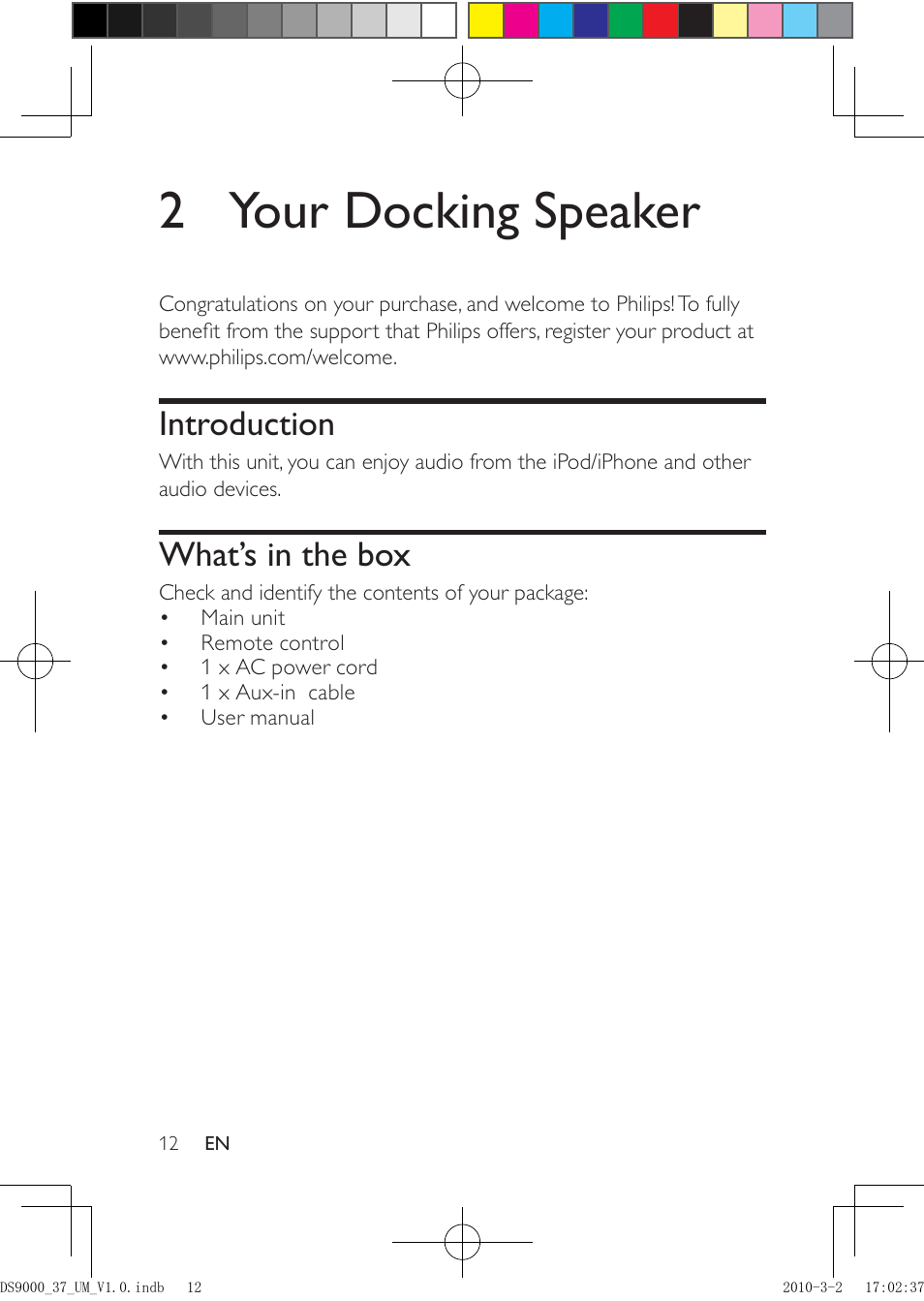 2 your docking speaker, Introduction, What’s in the box | Philips DS9000 User Manual | Page 12 / 23