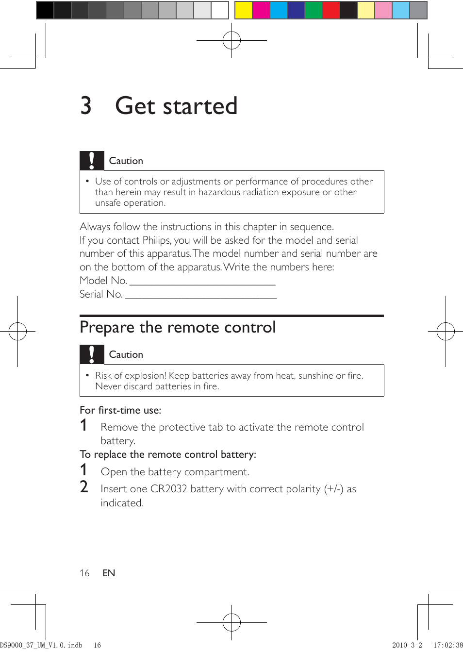 3 get started, Prepare the remote control | Philips DS9000 User Manual | Page 16 / 23