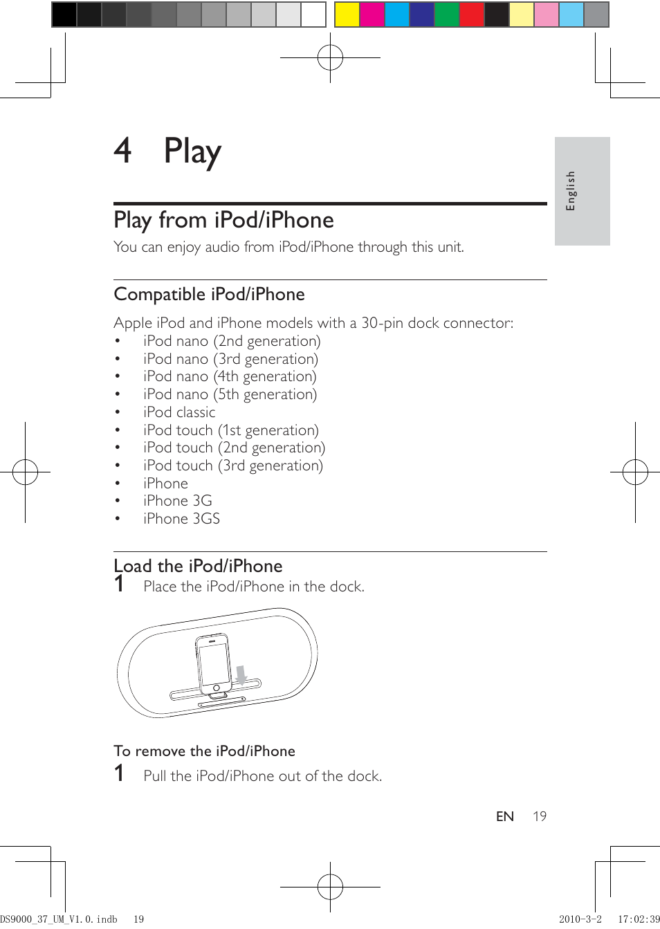 4 play, Play from ipod/iphone | Philips DS9000 User Manual | Page 19 / 23