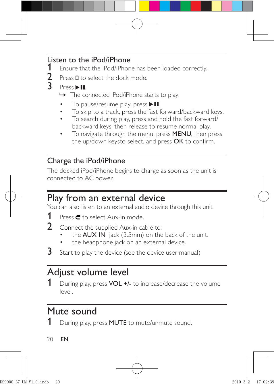 Play from an external device, Adjust volume level 1, Mute sound 1 | Philips DS9000 User Manual | Page 20 / 23