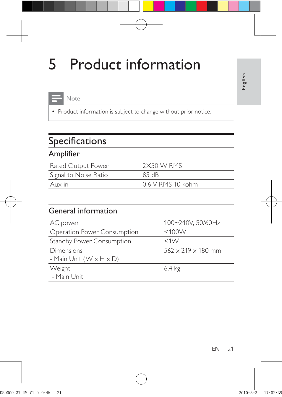 5 product information, Speciﬁcations, Ampliﬁer | General information | Philips DS9000 User Manual | Page 21 / 23