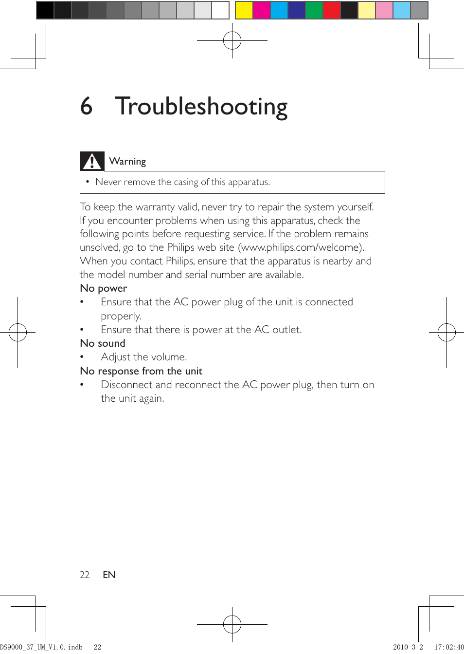 6 troubleshooting | Philips DS9000 User Manual | Page 22 / 23