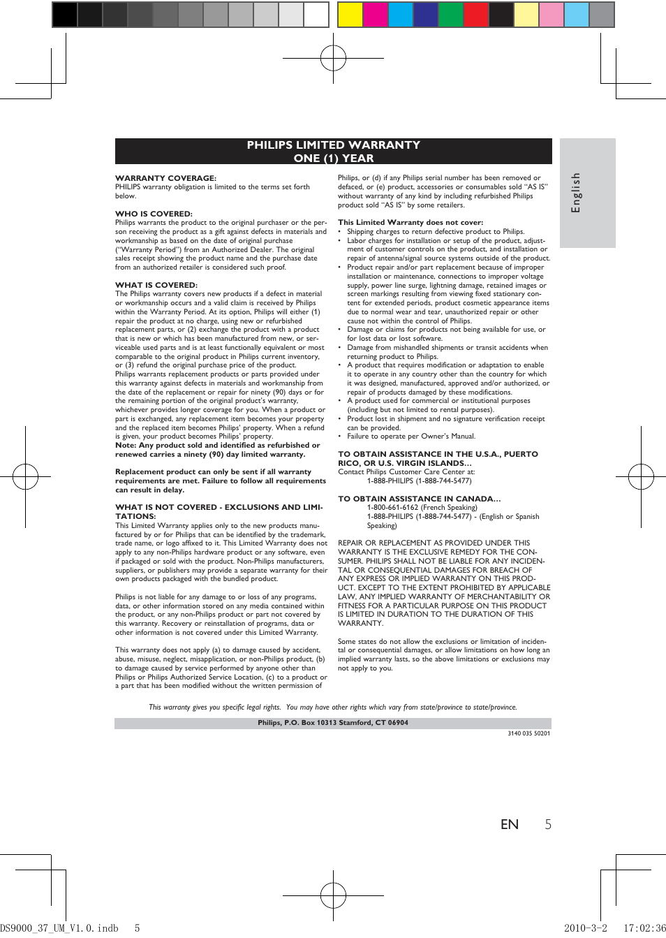 English, Philips limited warranty one (1) year | Philips DS9000 User Manual | Page 5 / 23