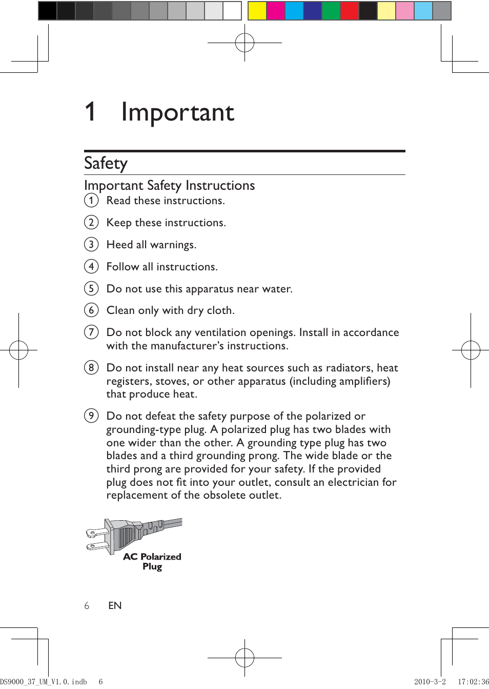 1 important, Safety | Philips DS9000 User Manual | Page 6 / 23