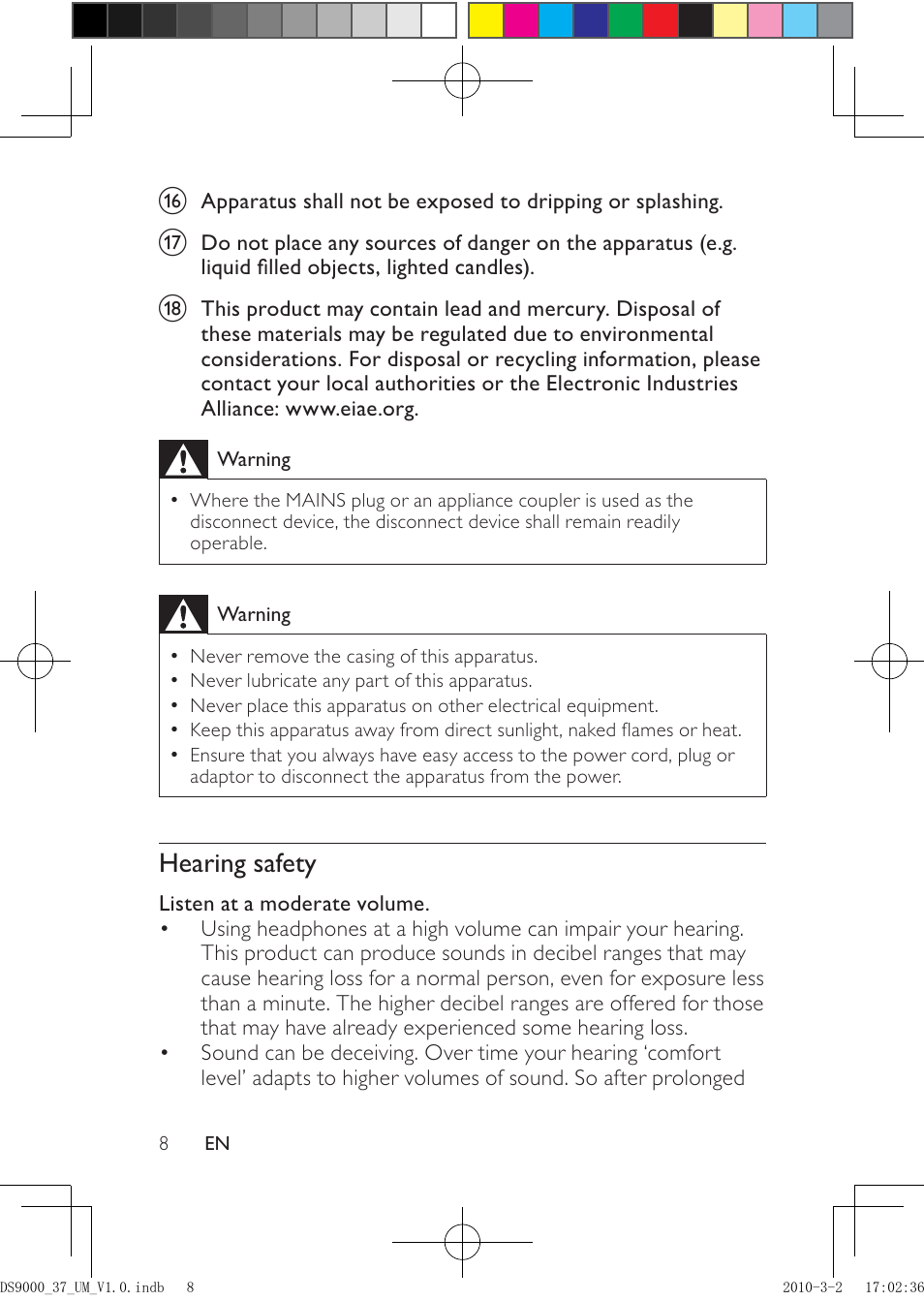 Hearing safety | Philips DS9000 User Manual | Page 8 / 23