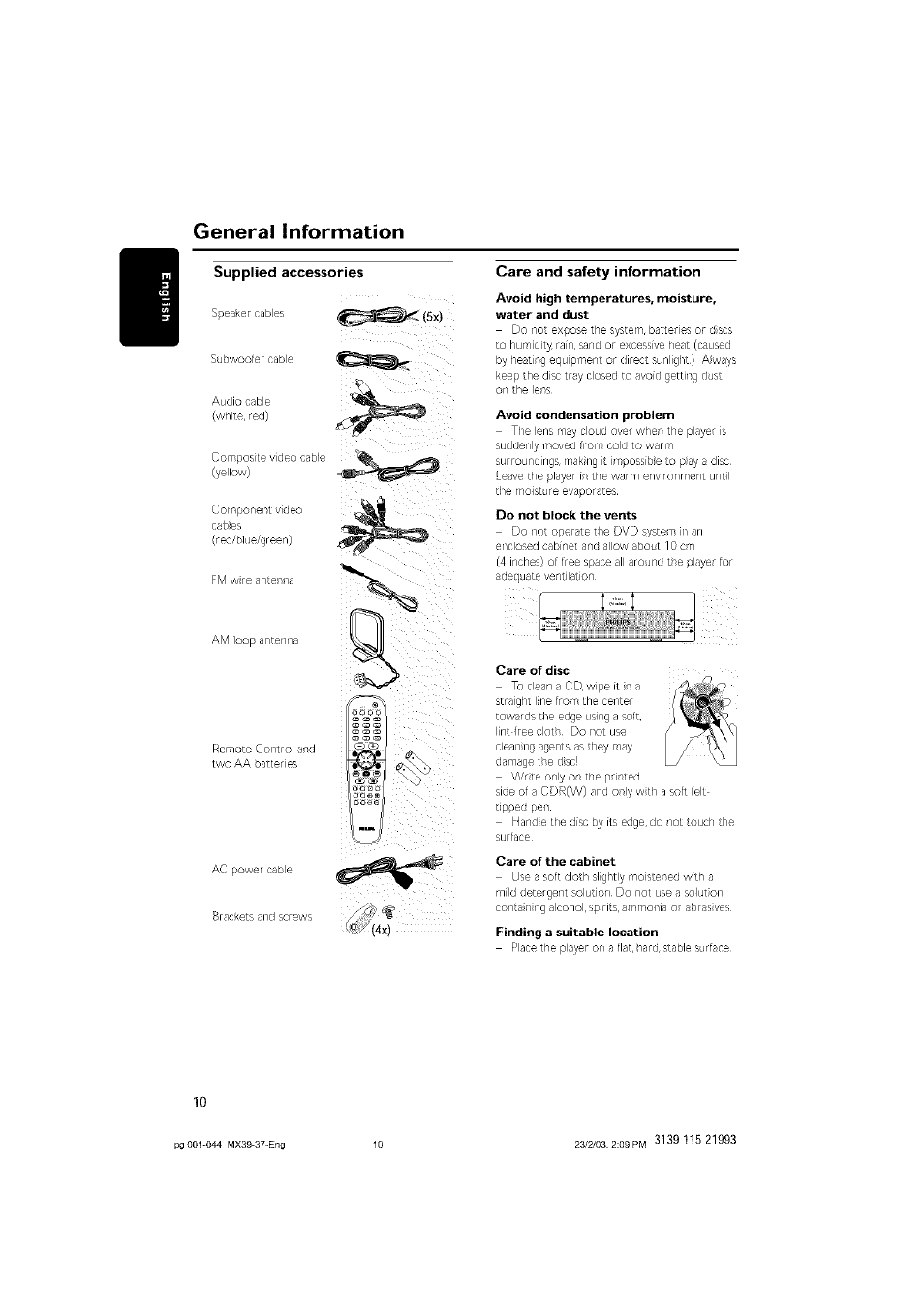 Supplied accessories, Care and safety information, General information | Philips - MX3950D User Manual | Page 10 / 48
