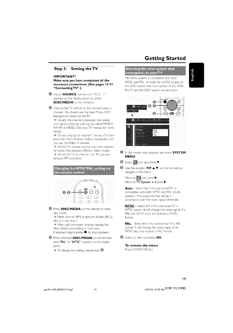 Step 3: setting the tv, To remove the menu, Getting started | Philips - MX3950D User Manual | Page 19 / 48
