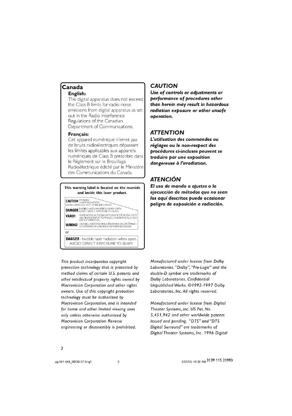 Canada, Caution, Attention | Atención | Philips - MX3950D User Manual | Page 2 / 48