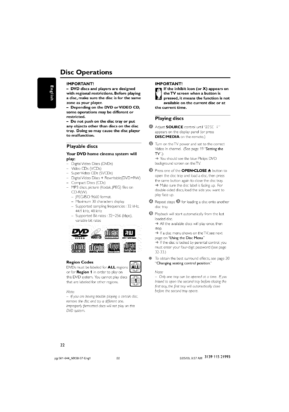 Important, Playable discs, Region codes | Playing discs, Disc operations | Philips - MX3950D User Manual | Page 22 / 48