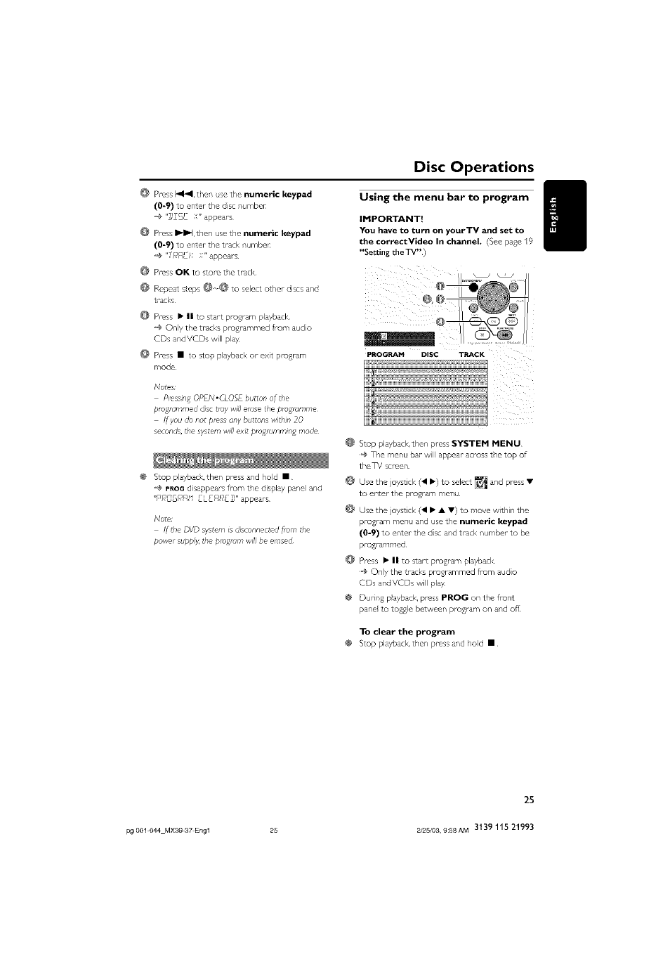 Using the menu bar to program, Important, To clear the program | Clearing the program, Disc operations, O o d | Philips - MX3950D User Manual | Page 25 / 48