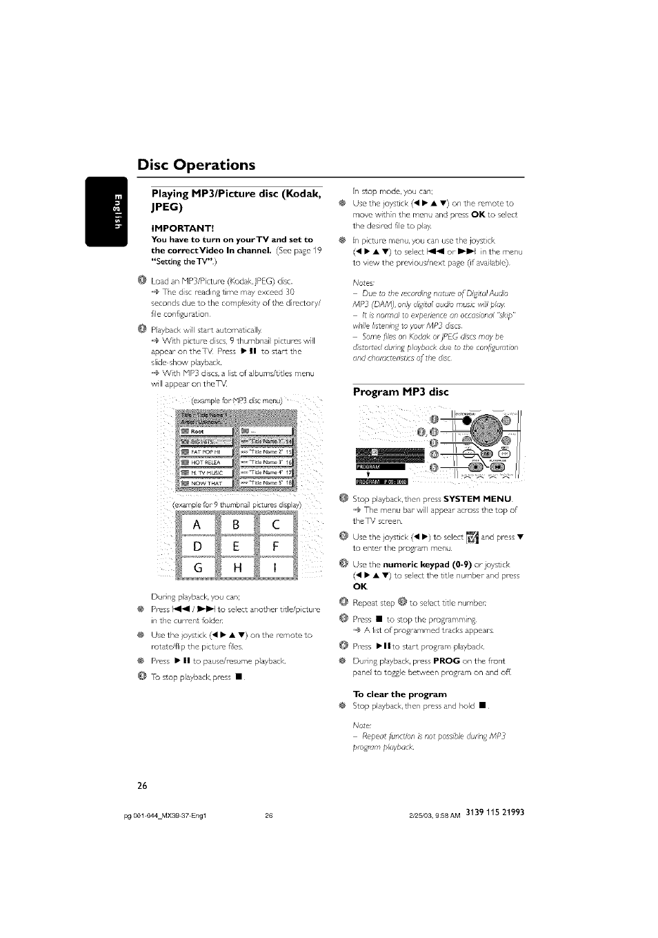 Playing mp3/picture disc (kodak, jpeg), Program mp3 disc, To clear the program | Playing mp3/picture disc (kodak,jpeg), Disc operations | Philips - MX3950D User Manual | Page 26 / 48