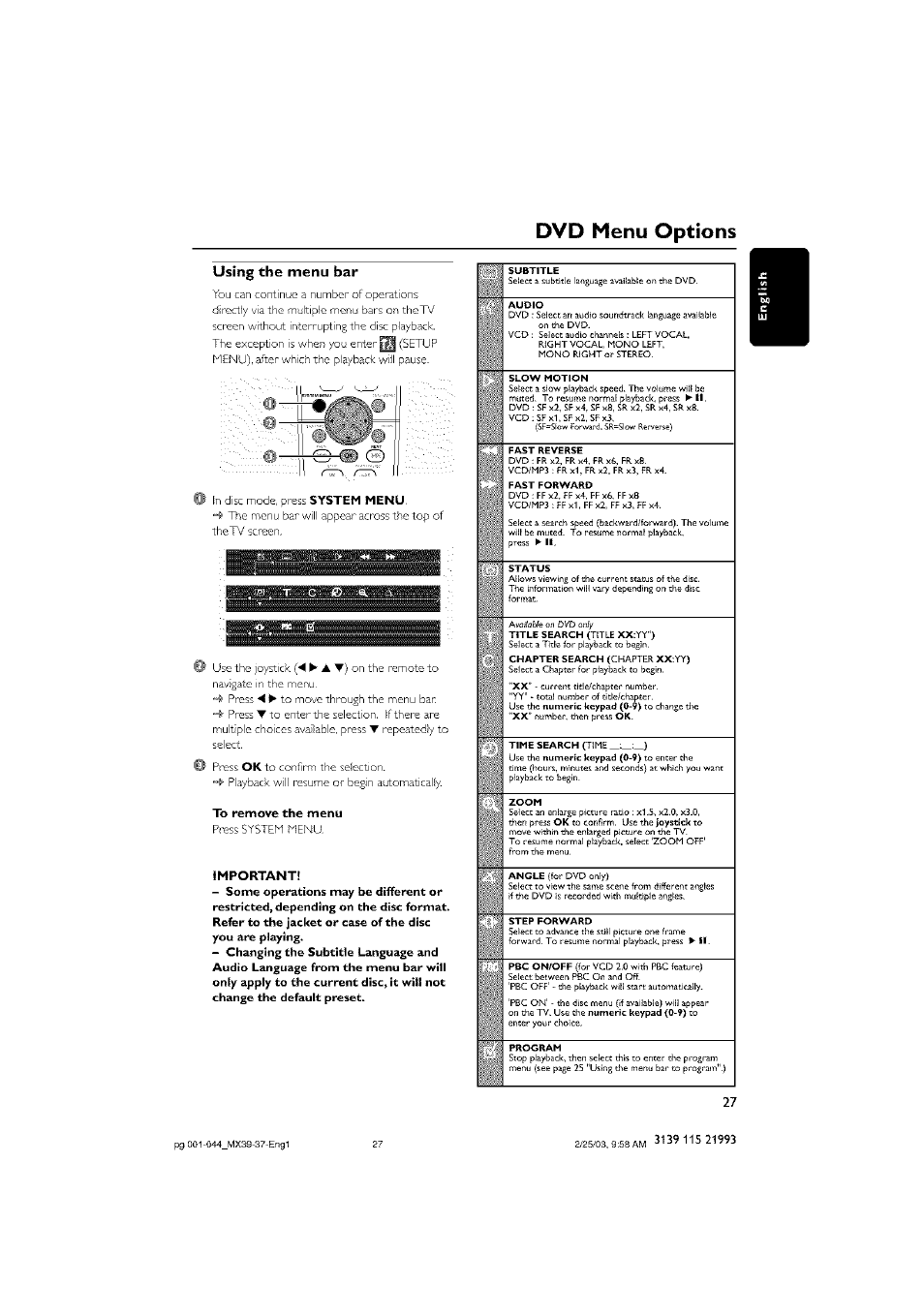 Using the menu bar, Dvd menu options | Philips - MX3950D User Manual | Page 27 / 48